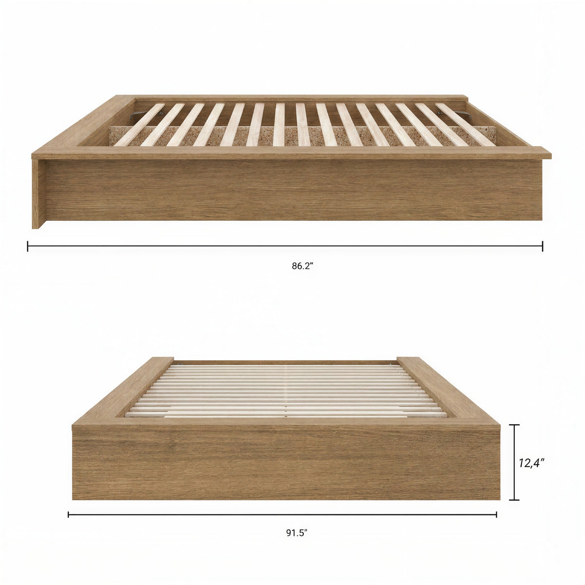 James Platform Bed in Brown Oak, Queen – dimensions diagram
