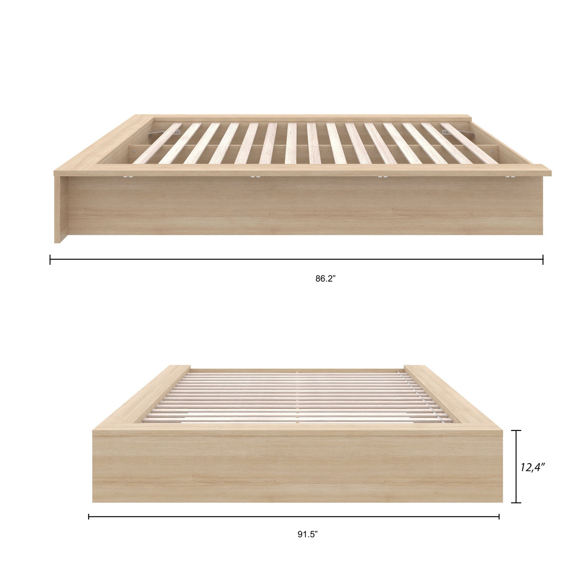 James Platform Bed in Natural Blonde Oak, King – dimensions diagram