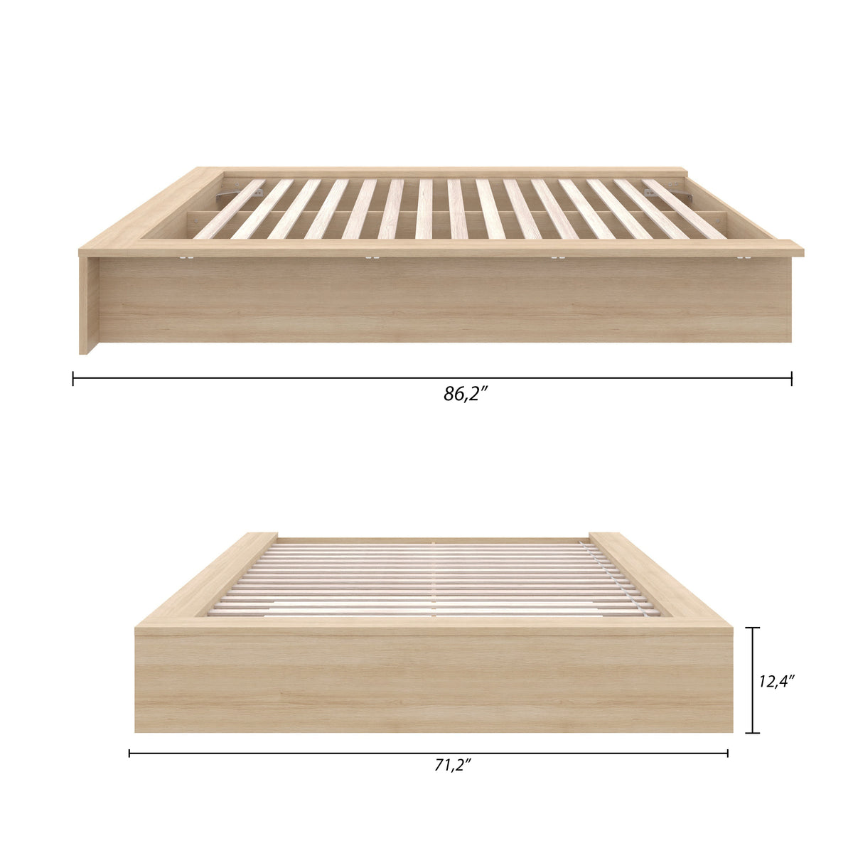 James Platform Bed in Natural Blonde Oak, Queen – dimensions diagram