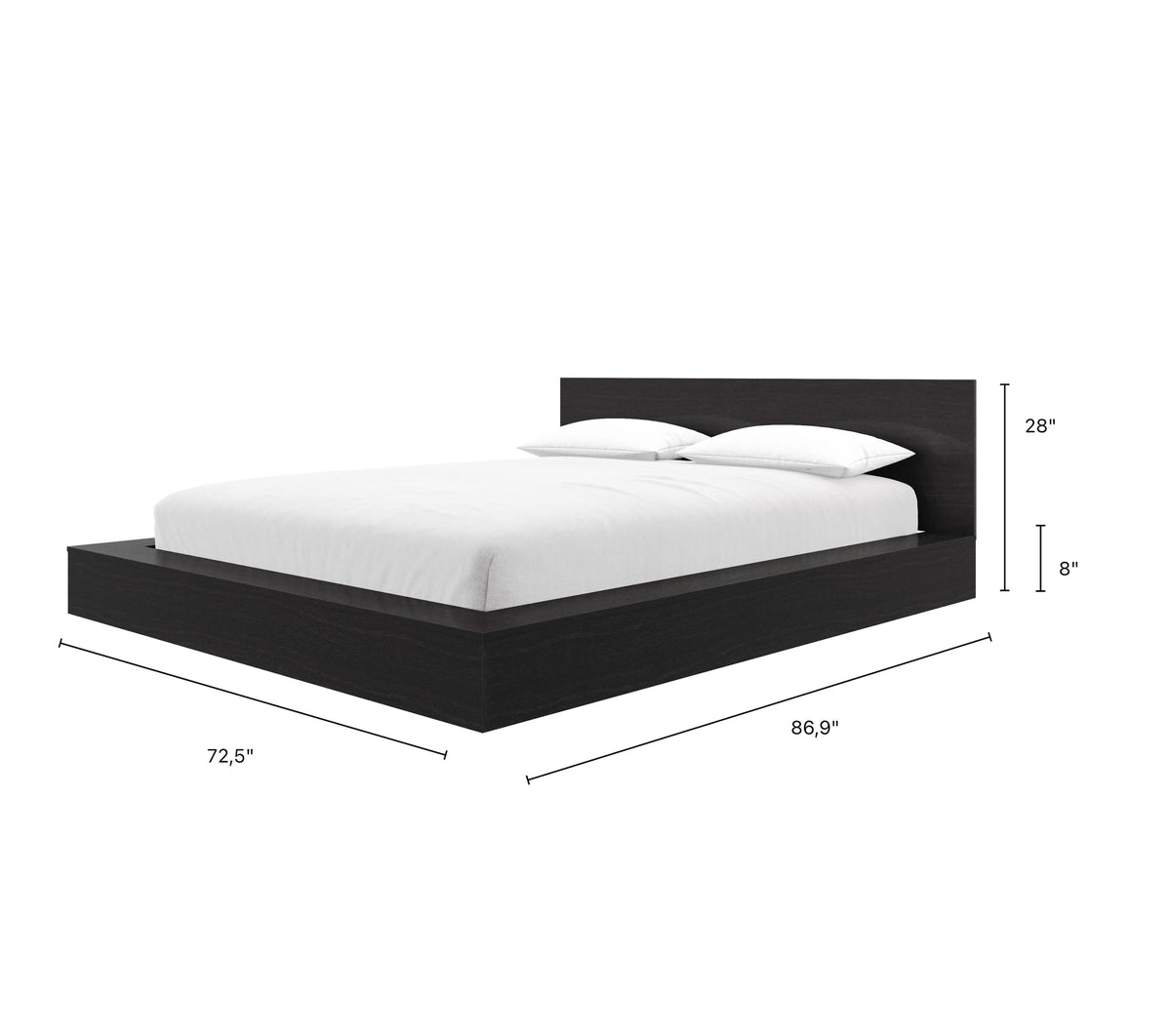 Kanso Low Platform Bed Set in Black Karisma, Queen – dimensions diagram