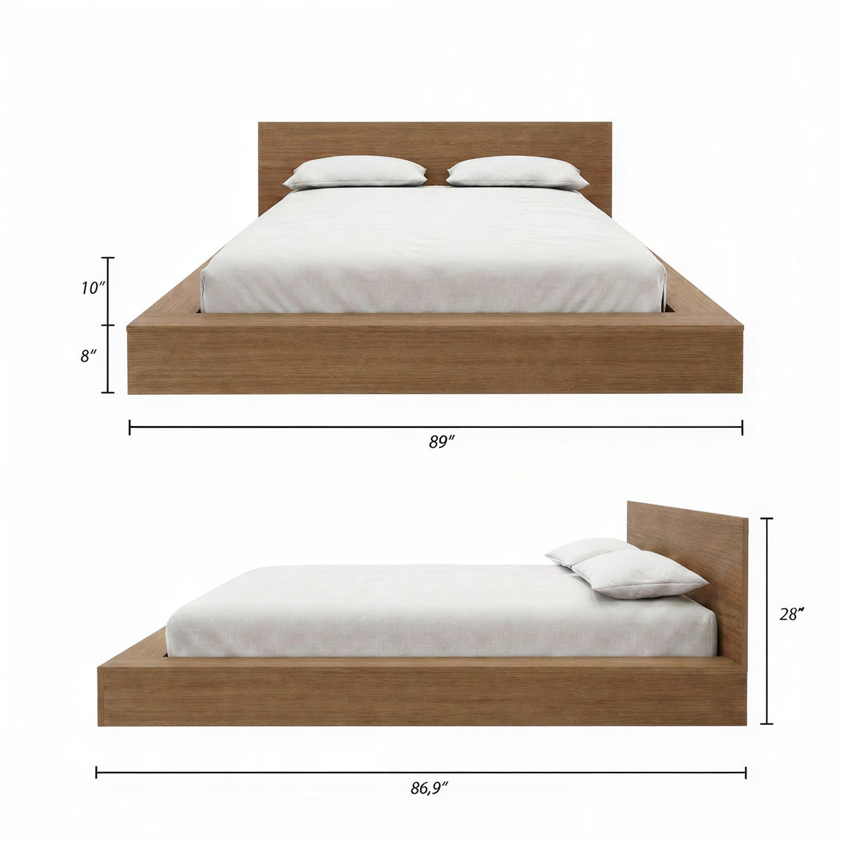 Kanso Low Platform Bed Set in Brown Oak, King – dimensions diagram
