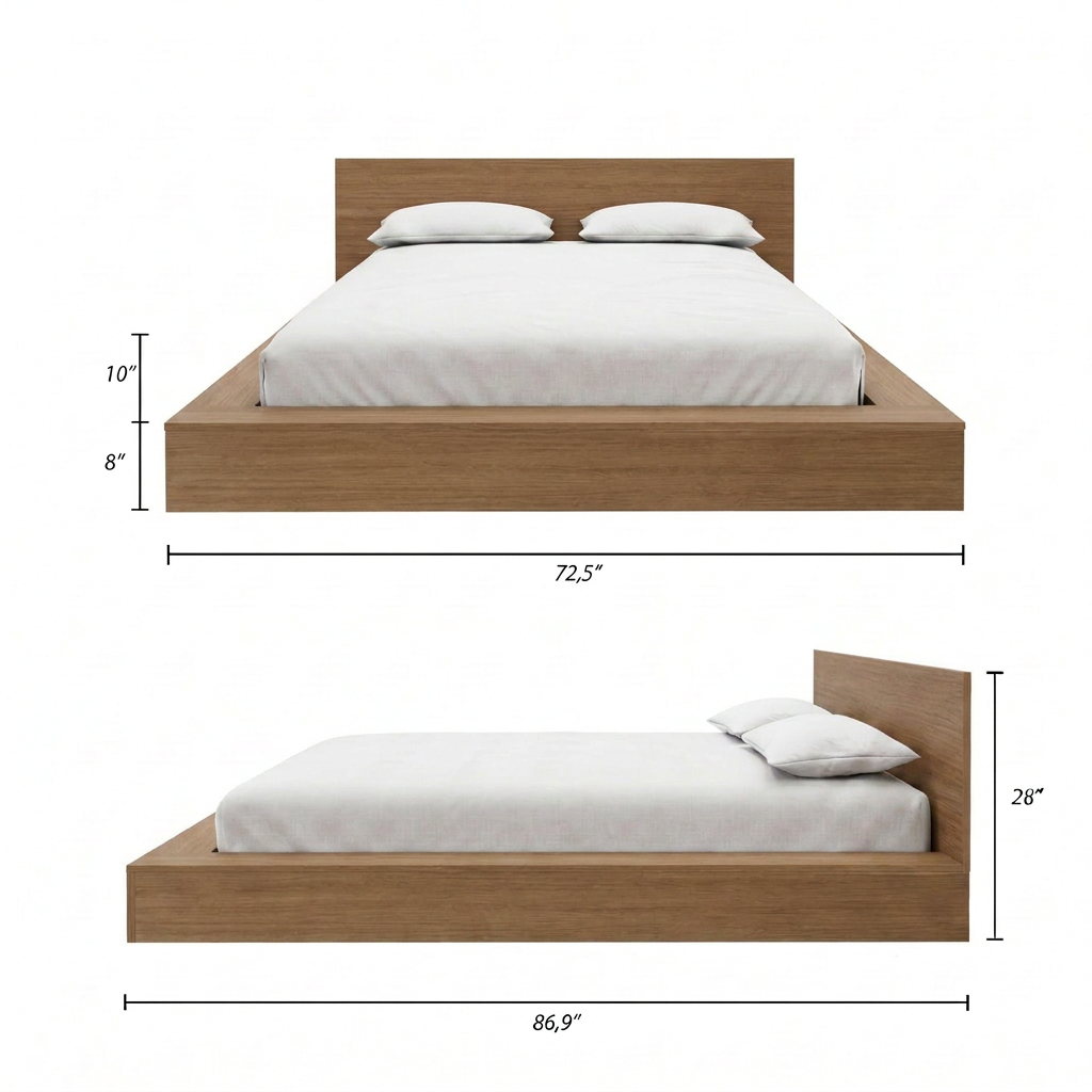 Kanso Low Platform Bed Set in Brown Oak, Queen – dimensions diagram