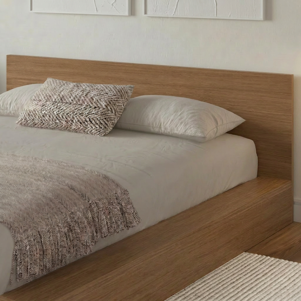 Kanso Low Platform Bed Set in Brown Oak, Queen – lifestyle photo 2