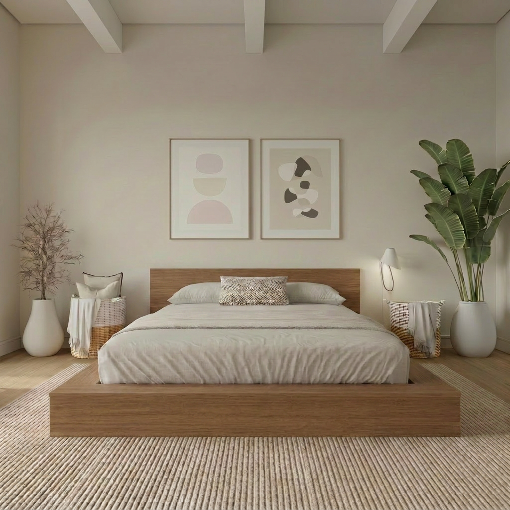 Kanso Low Platform Bed Set in Brown Oak, Queen – lifestyle photo