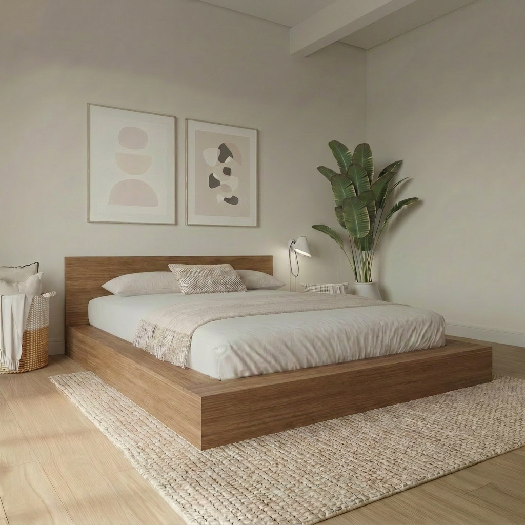 Kanso Low Platform Bed Set in Brown Oak, Queen – lifestyle photo 3