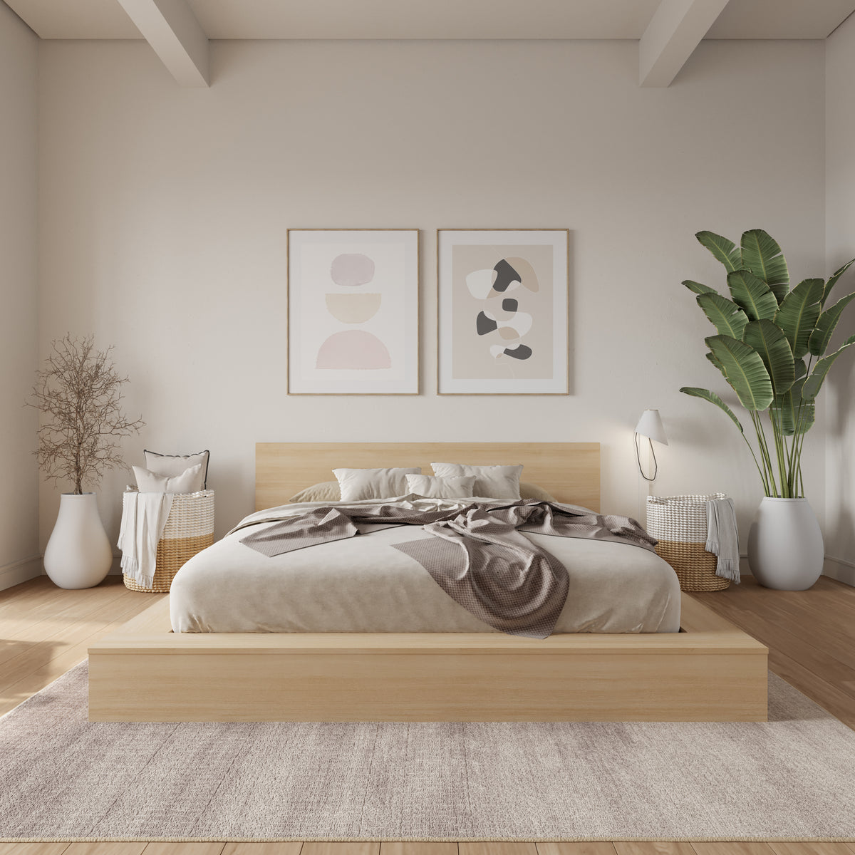Kanso Low Platform Bed Set in Natural Blonde Oak, King – lifestyle photo