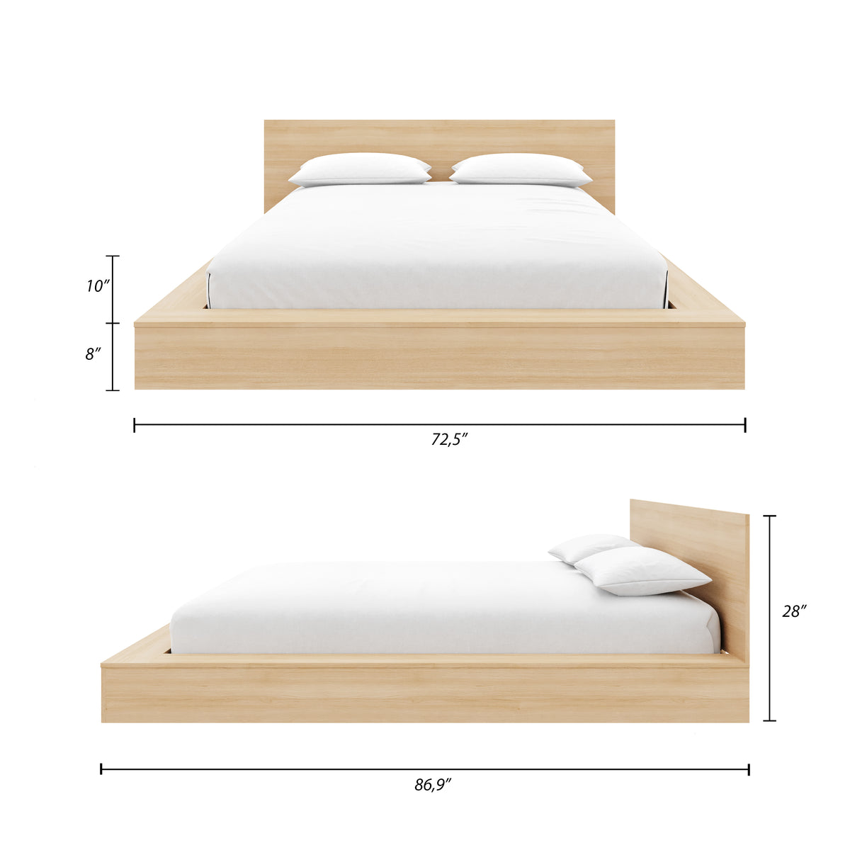 Kanso Low Platform Bed Set in Natural Blonde Oak, Queen – dimensions diagram