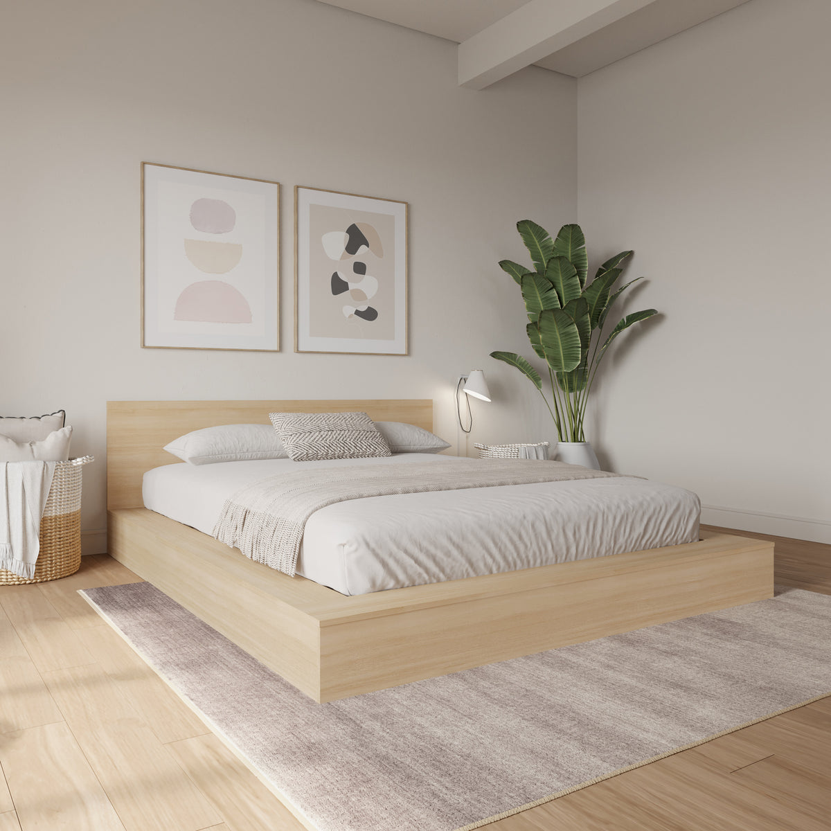 Kanso Low Platform Bed Set in Natural Blonde Oak, Queen – lifestyle photo 2