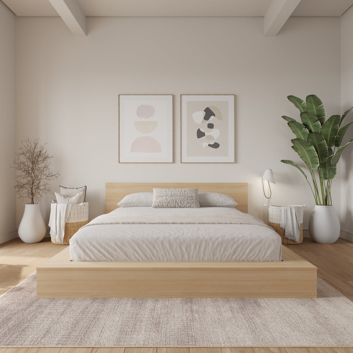 Kanso Low Platform Bed Set in Natural Blonde Oak, Queen – lifestyle photo