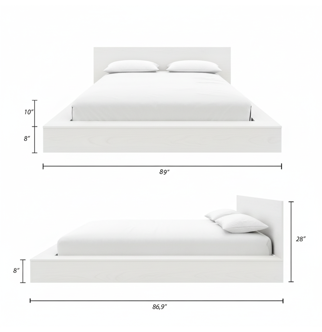 Kanso Low Platform Bed Set in White Wood Grain, King – dimensions diagram