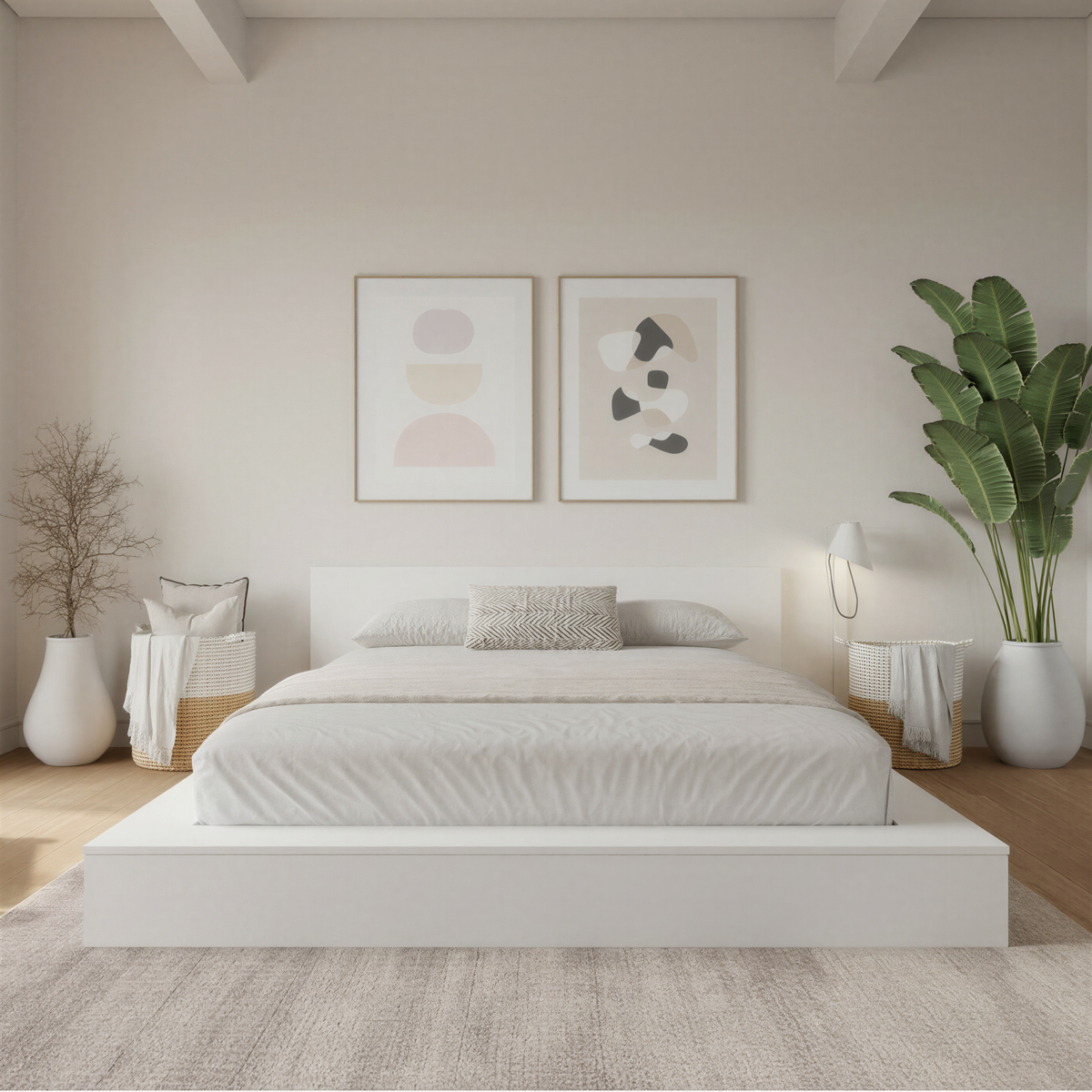 Kanso Low Platform Bed Set in White Wood Grain, King – lifestyle photo