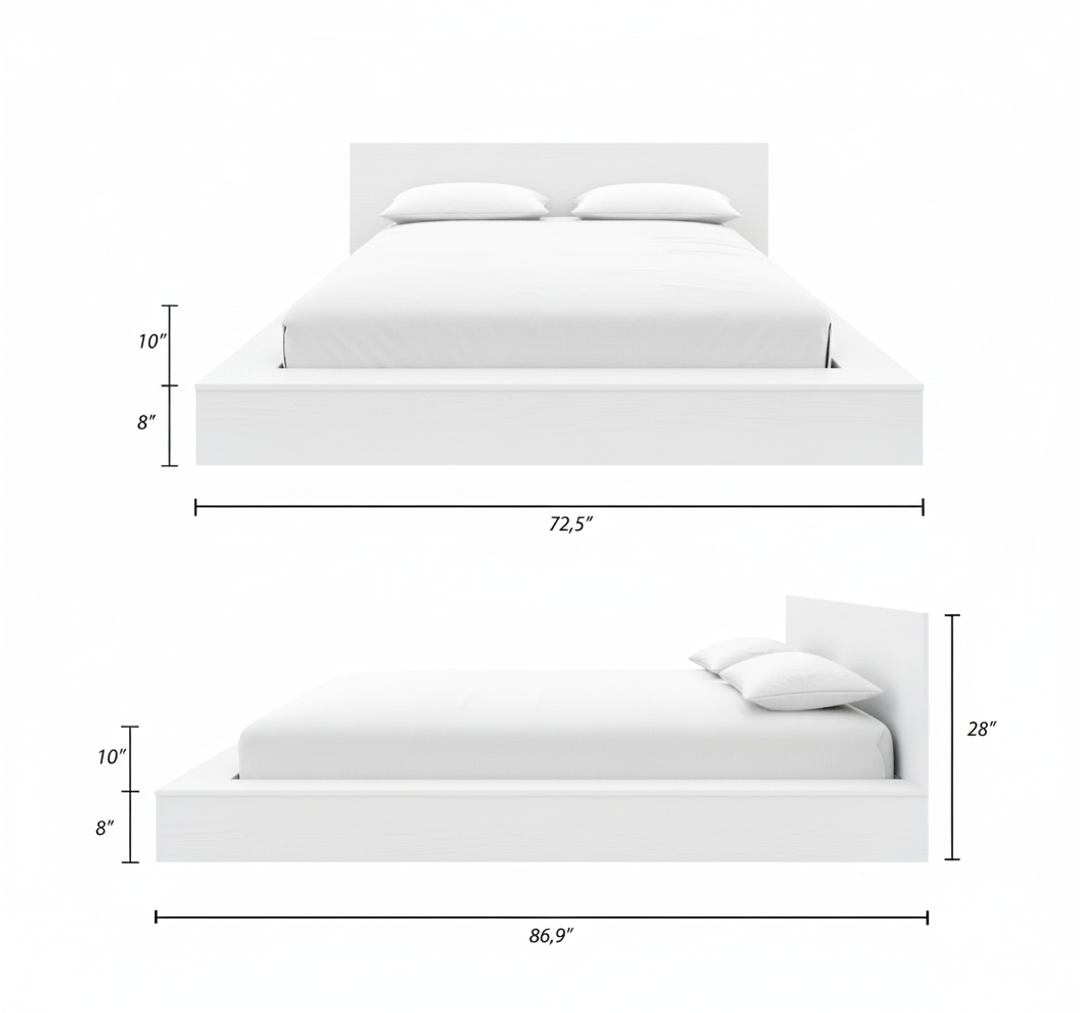 Kanso Low Platform Bed Set in White Wood Grain, Queen – dimensions diagram