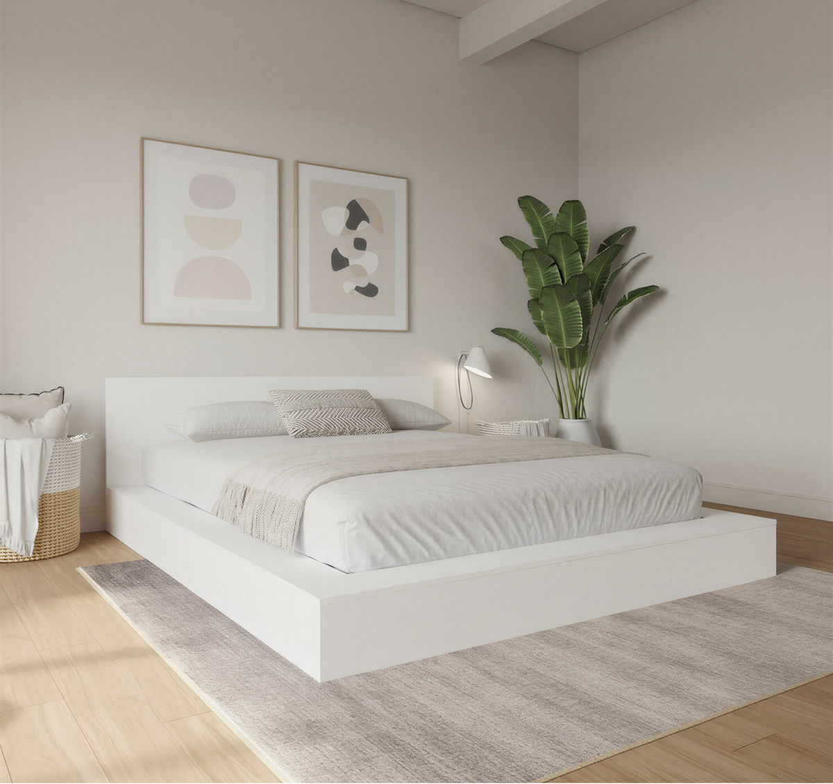 Kanso Low Platform Bed Set in White Wood Grain, Queen – lifestyle photo 2