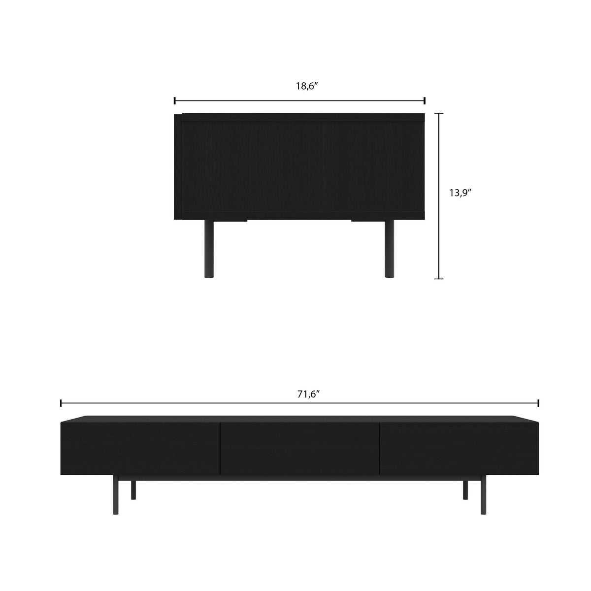 Linea 72" Modern TV Stand with 3 Drawers, 72-Inch in Black Karisma, 72-Inch – dimensions diagram