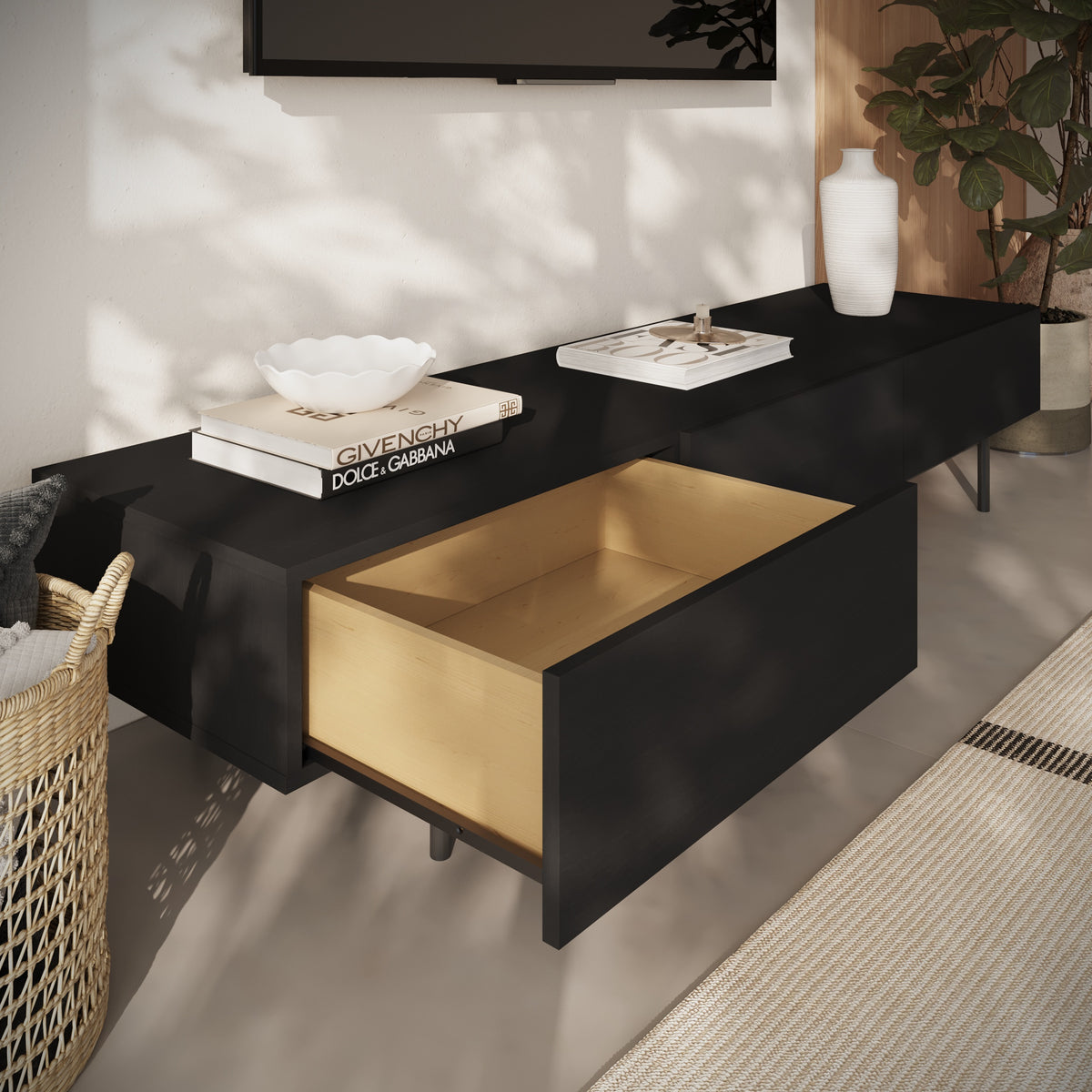 Linea 72" Modern TV Stand with 3 Drawers, 72-Inch in Black Karisma, 72-Inch – lifestyle photo 3