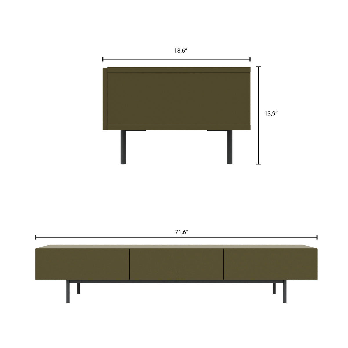 Linea 72" Modern TV Stand with 3 Drawers, 72-Inch in Green Moss, 72-Inch – dimensions diagram
