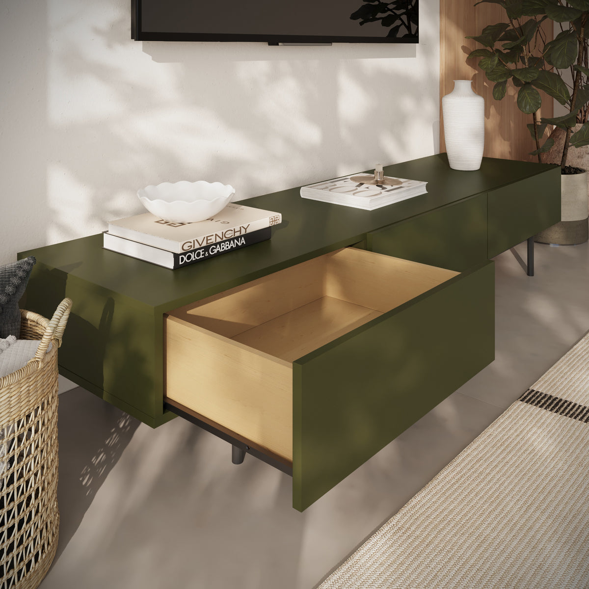 Linea 72" Modern TV Stand with 3 Drawers, 72-Inch in Green Moss, 72-Inch – lifestyle photo 3