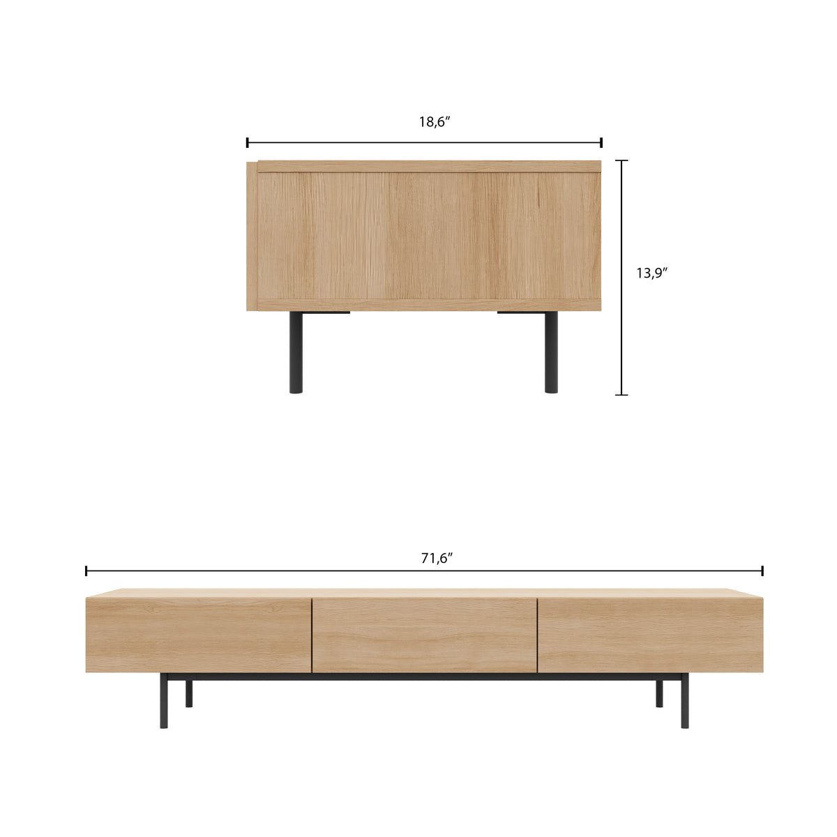 Linea 72" Modern TV Stand with 3 Drawers, 72-Inch in Natural Oak, 72-Inch – dimensions diagram