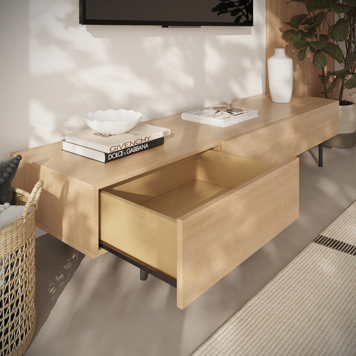 Linea 72" Modern TV Stand with 3 Drawers, 72-Inch in Natural Oak, 72-Inch – lifestyle photo 3