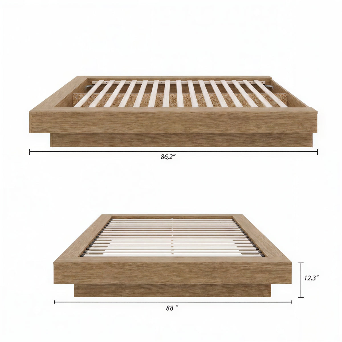 Marconi Platform Bed Frame in Brown Oak, King – dimensions diagram
