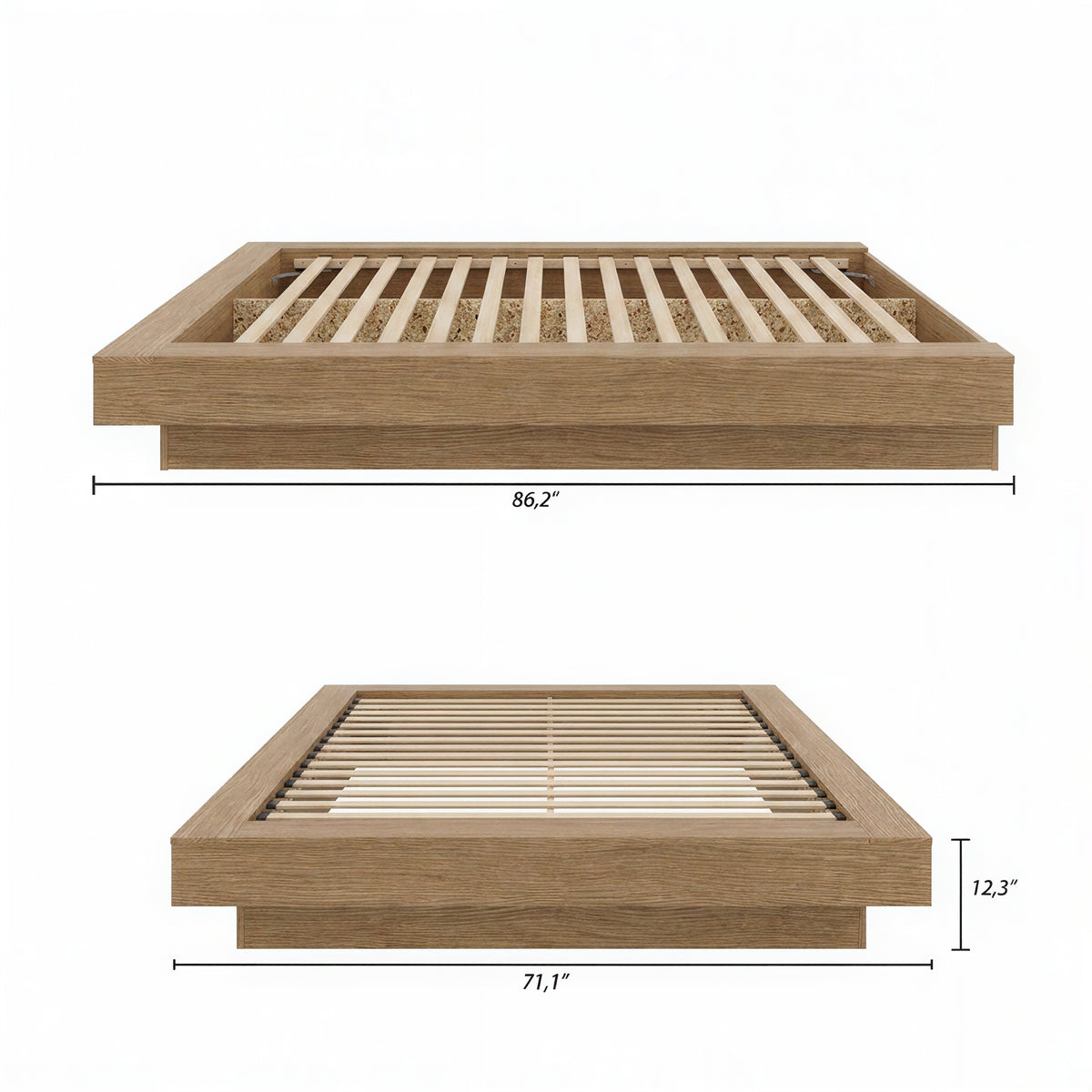Marconi Platform Bed Frame in Brown Oak, Queen – dimensions diagram