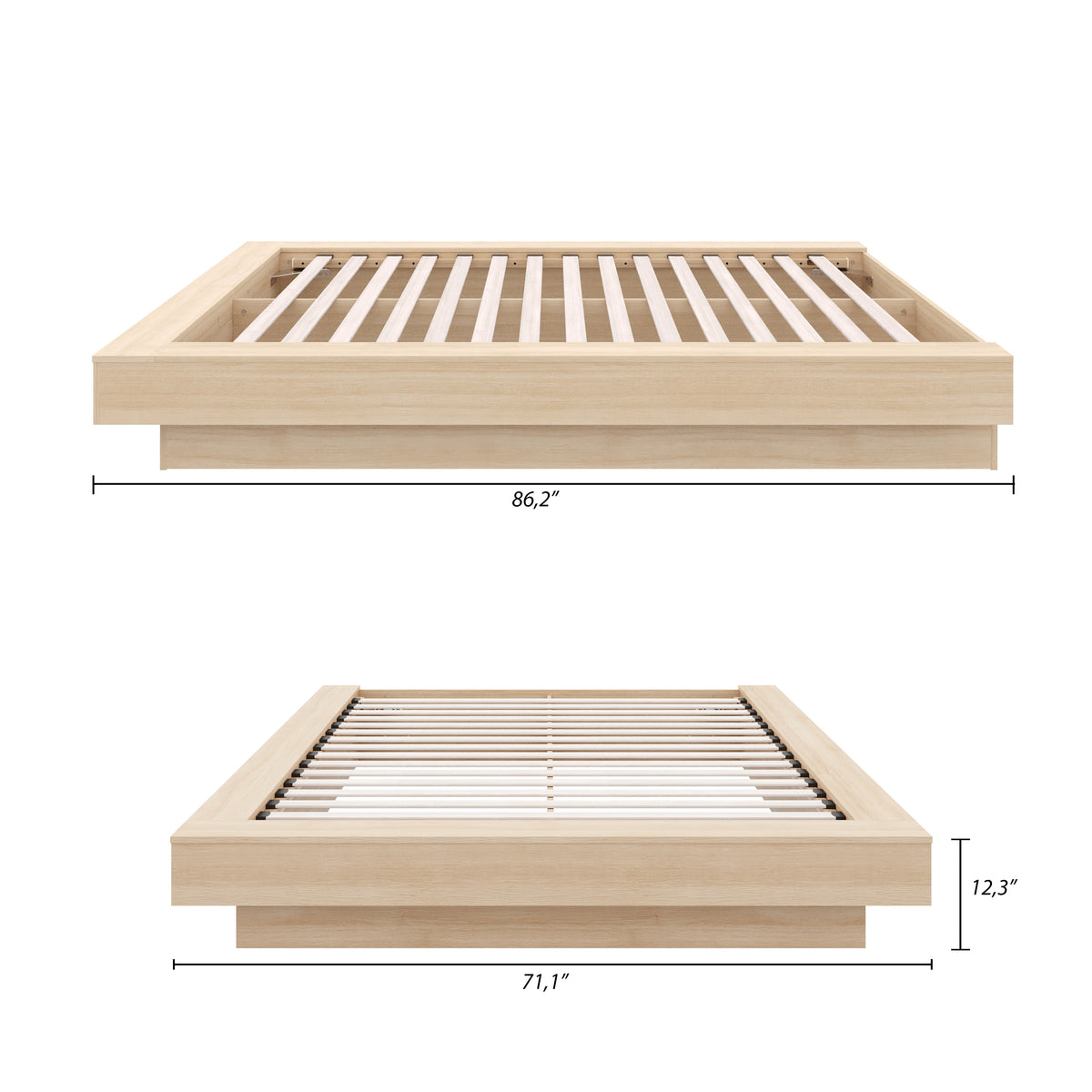 Marconi Platform Bed Frame in Natural Blonde Oak, Queen – dimensions diagram