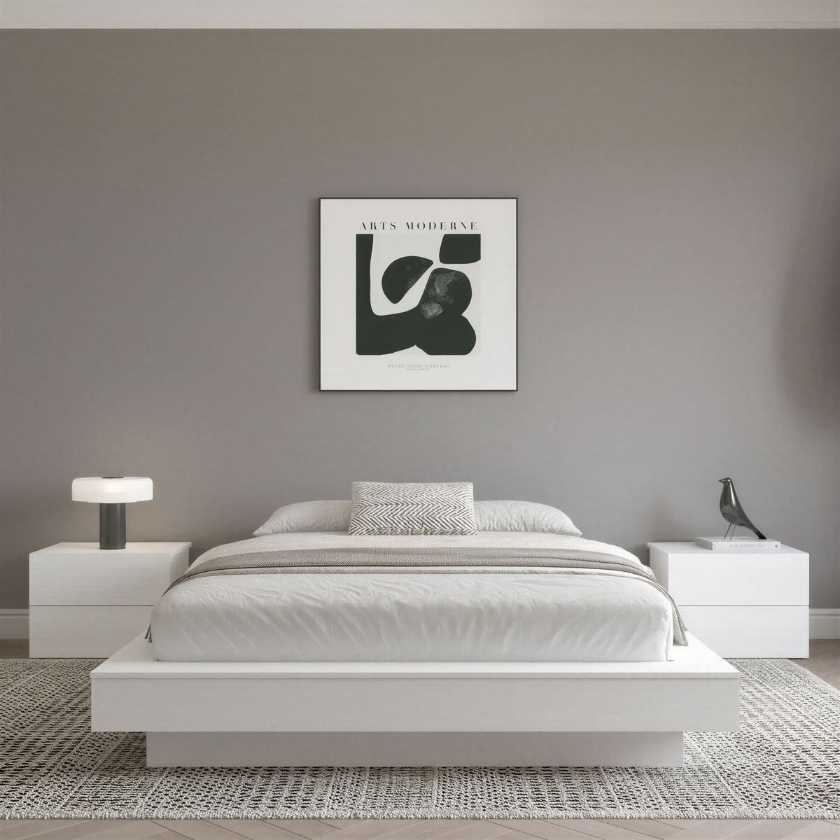 Marconi Platform Bed Frame in White Wood Grain, Queen – lifestyle photo