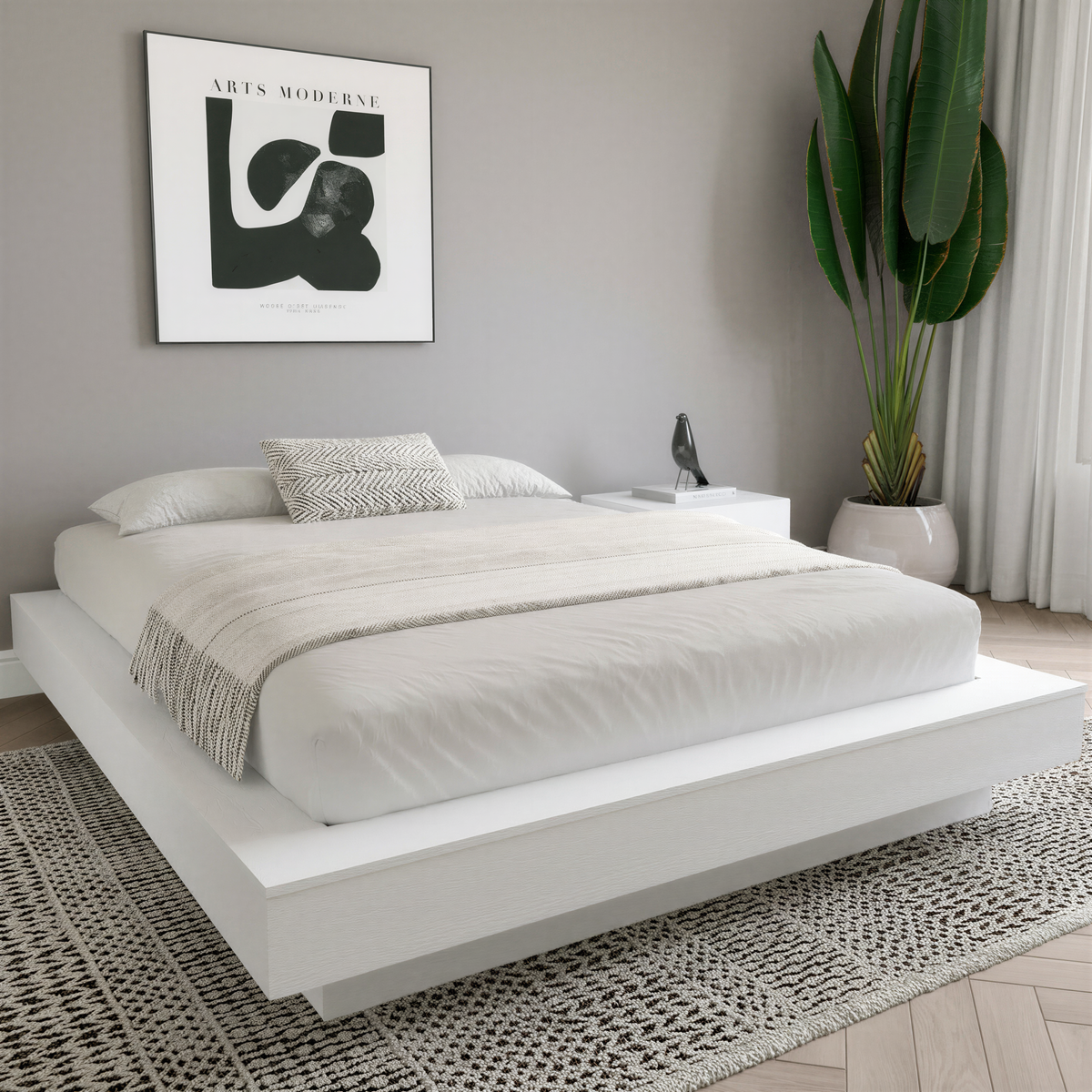 Marconi Platform Bed Frame in White Wood Grain, Queen – lifestyle photo 2
