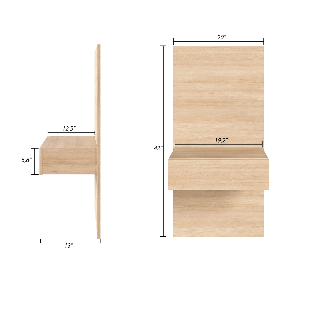 Milano Floating Nightstand Extension Panel Set of 2 in Natural Blonde Oak – dimensions diagram