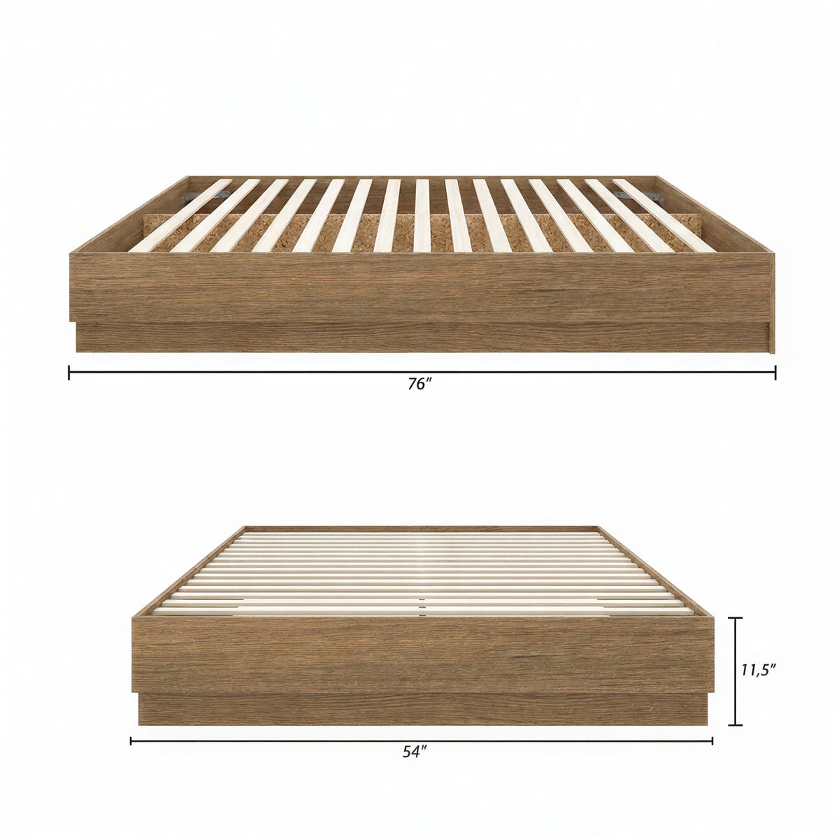 Milano Platform Bed Frame in Brown Oak, Full/Double – dimensions diagram