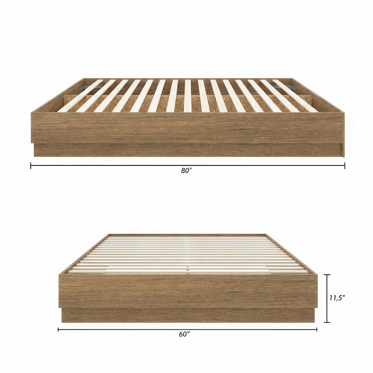 Milano Platform Bed Frame in Brown Oak, Queen – dimensions diagram