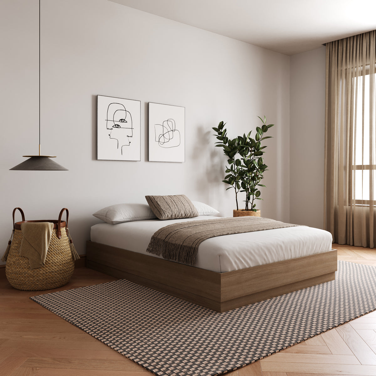 Milano Platform Bed Frame in Brown Oak, Queen – lifestyle photo