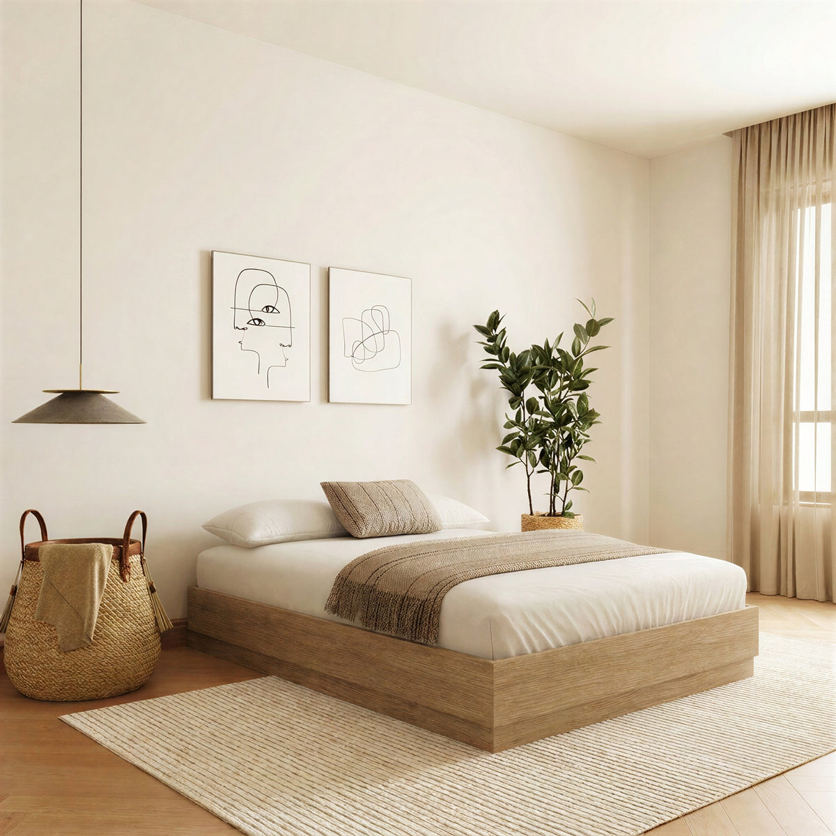 Milano Platform Bed Frame in Brown Oak, Queen – lifestyle photo 2