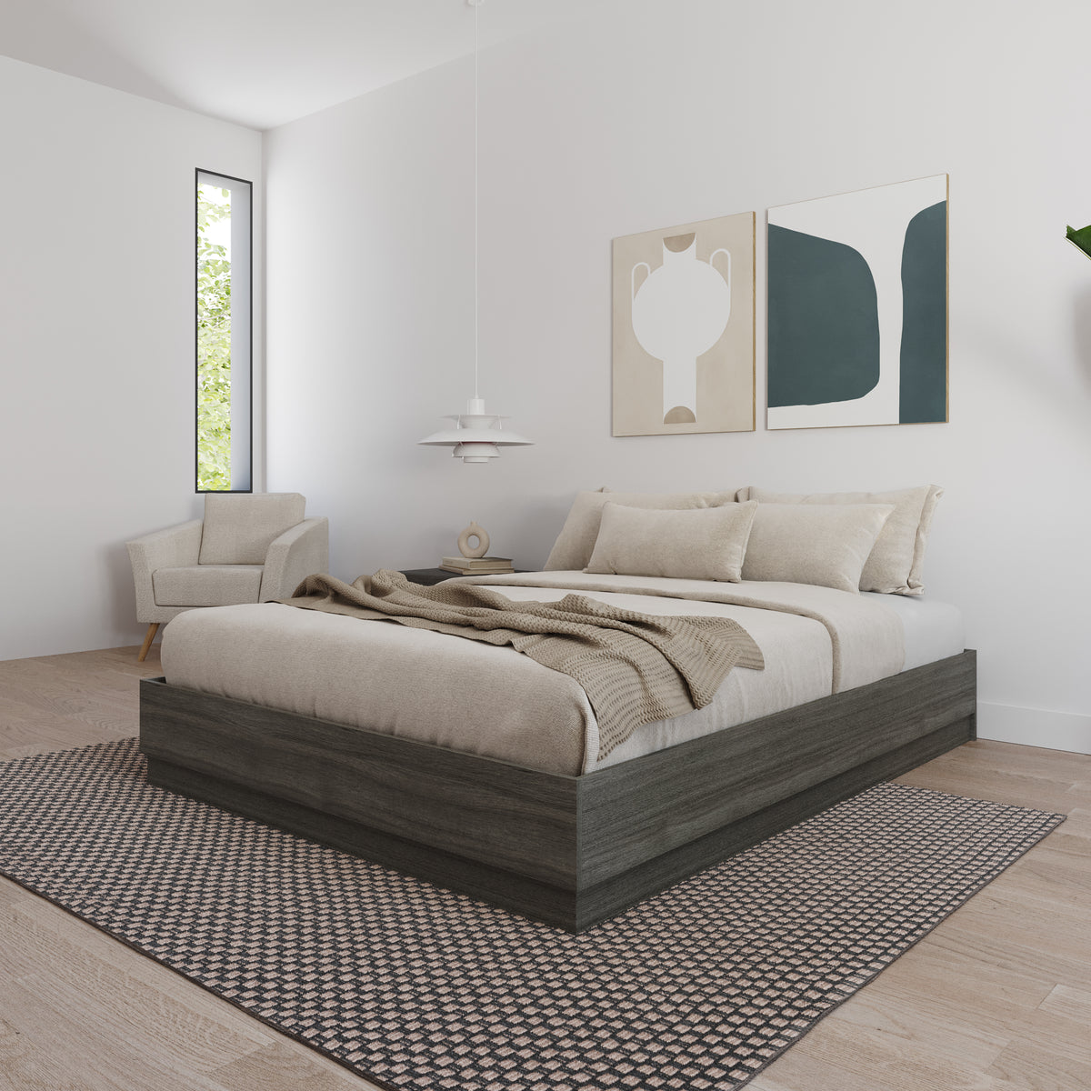 Milano Platform Bed Frame in Grey Oak, Queen – lifestyle photo