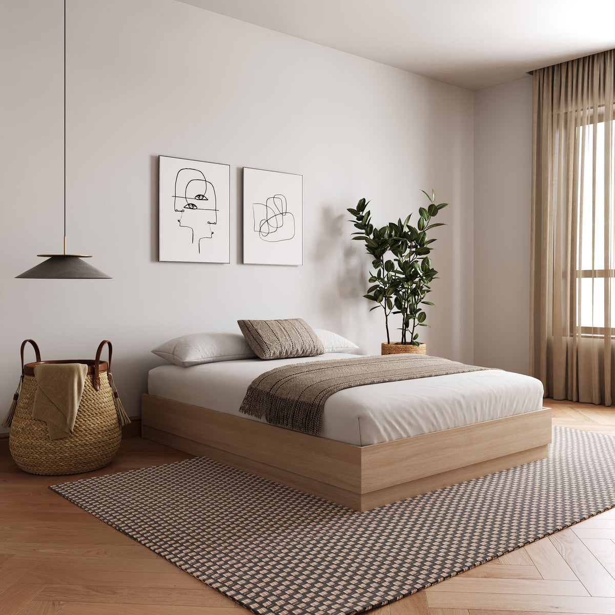 Milano Platform Bed Frame in Natural Blonde Oak, Queen – lifestyle photo