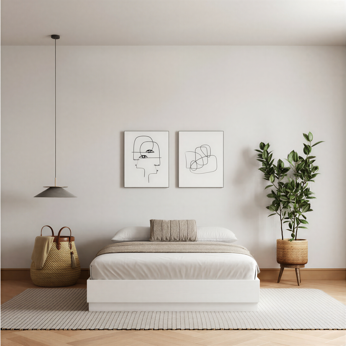 Milano Platform Bed Frame in White Wood Grain, Queen – lifestyle photo