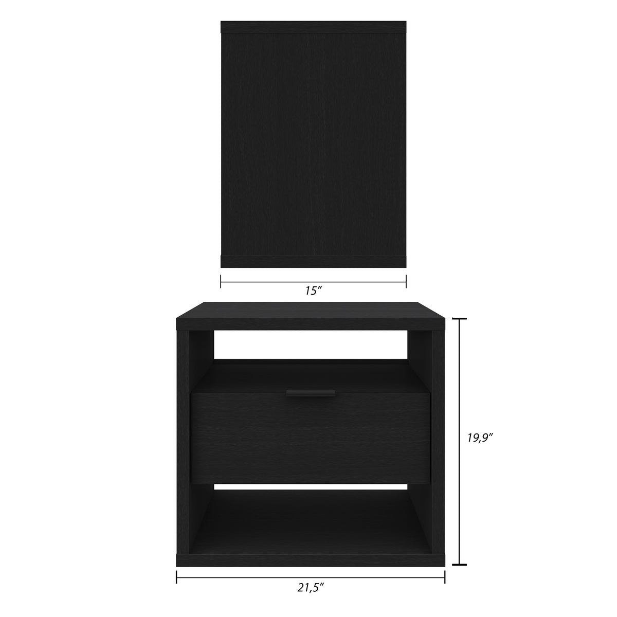 Modern 1-Drawer Nightstand with Open Storage in Black Karisma – dimensions diagram