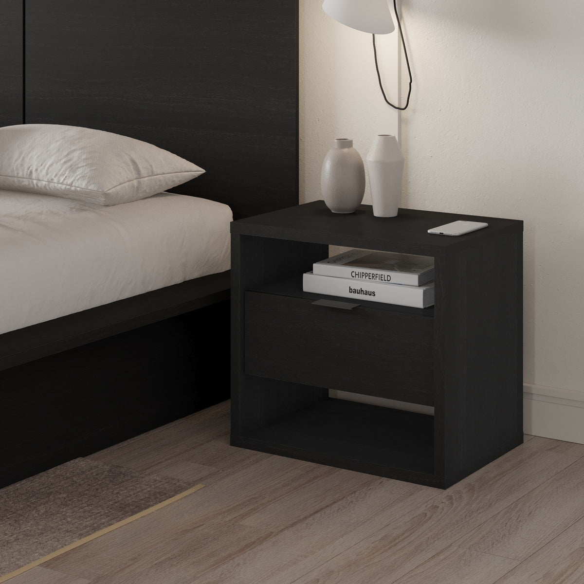 Modern 1-Drawer Nightstand with Open Storage in Black Karisma – lifestyle photo