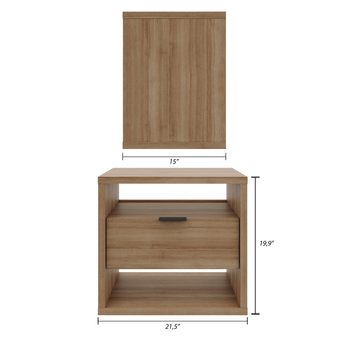 Modern 1-Drawer Nightstand with Open Storage in Brown Oak – dimensions diagram