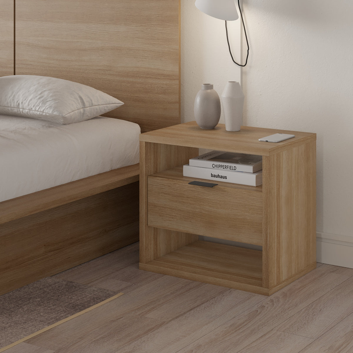 Modern 1-Drawer Nightstand with Open Storage in Brown Oak – lifestyle photo