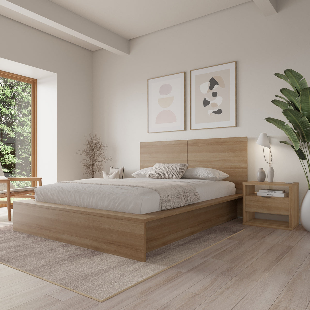 Modern 1-Drawer Nightstand with Open Storage in Brown Oak – lifestyle photo 2