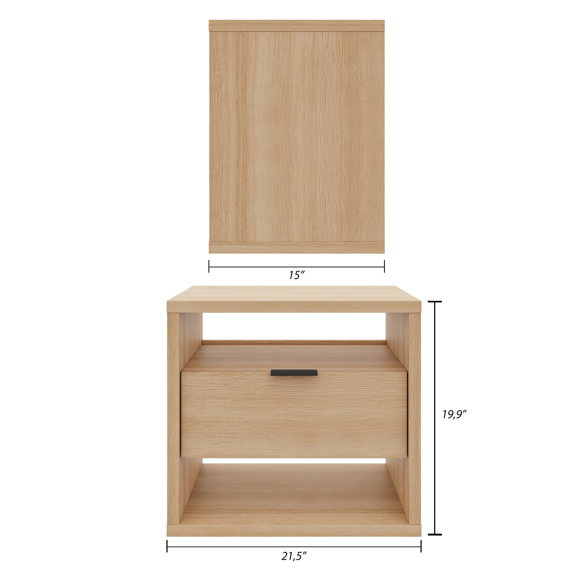 Modern 1-Drawer Nightstand with Open Storage in Natural Blonde Oak – dimensions diagram