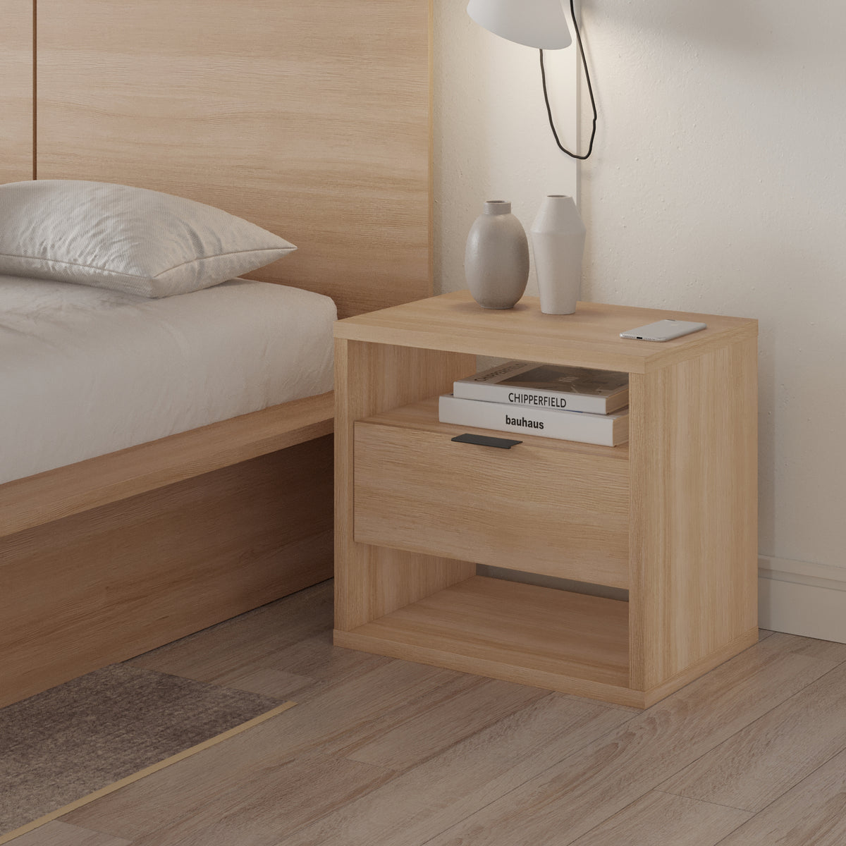 Modern 1-Drawer Nightstand with Open Storage in Natural Blonde Oak – lifestyle photo