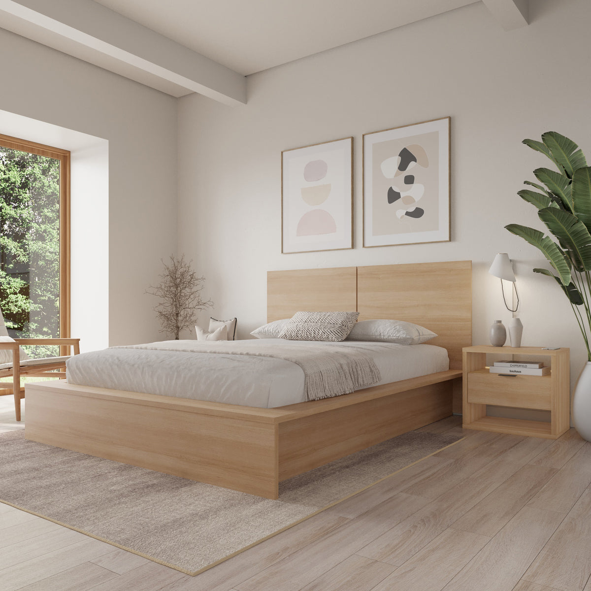 Modern 1-Drawer Nightstand with Open Storage in Natural Blonde Oak – lifestyle photo 2