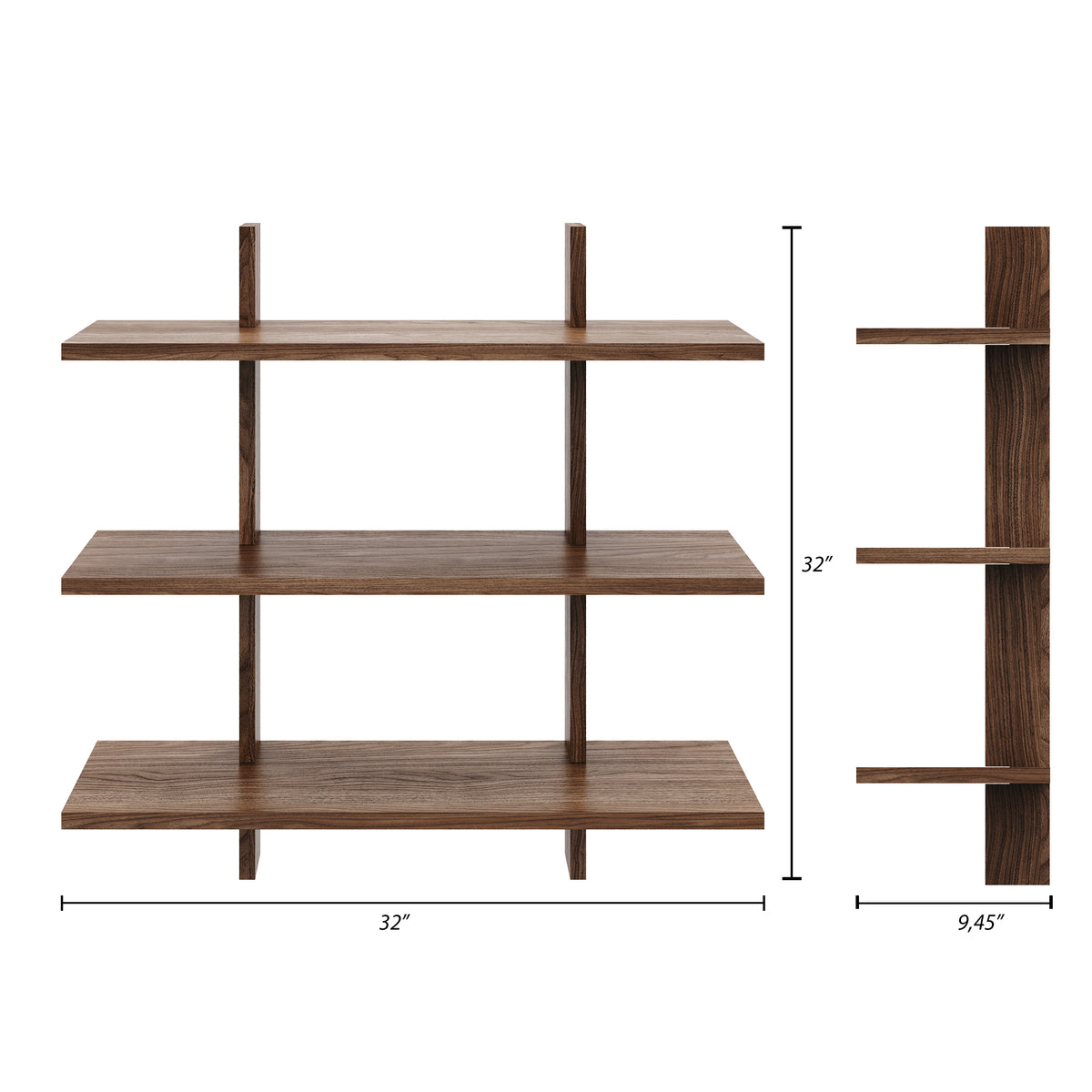 Modular wall shelving system in Walnut – dimensions diagram