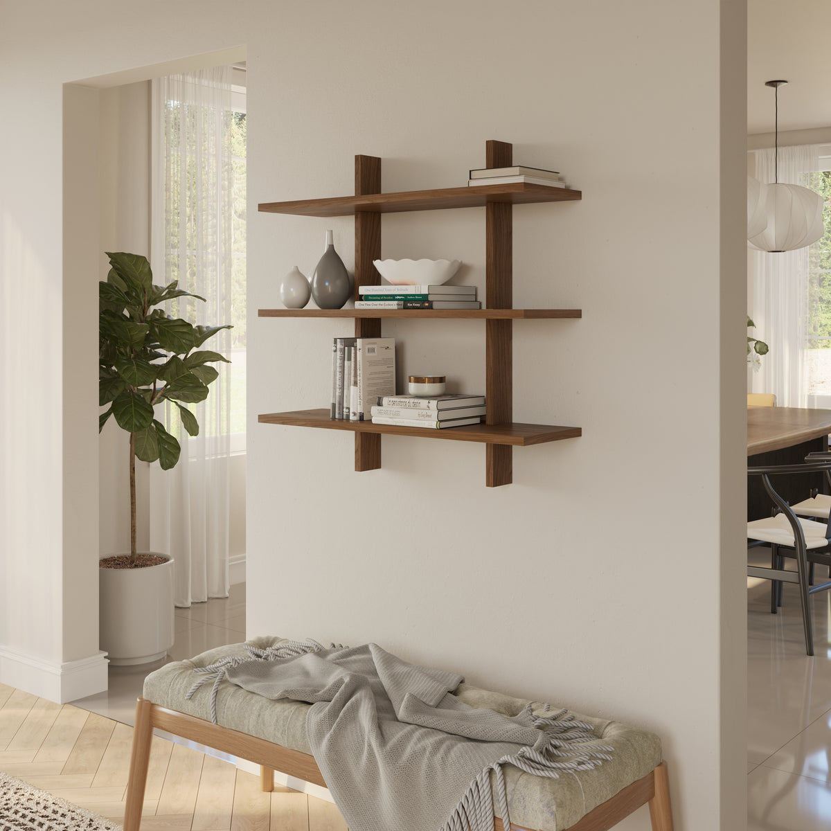 Modular wall shelving system in Walnut – lifestyle photo