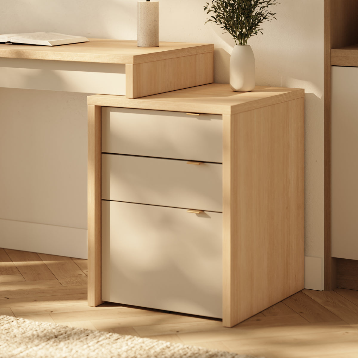 Multi-Purpose Storage Office Storage And Filing Cabinet in Natural Blonde Oak & Morning Dew – lifestyle photo 2