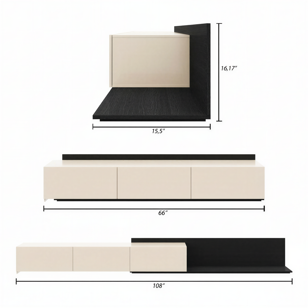 Noa Extendable TV Console in Black Karisma & Morning Dew – dimensions diagram