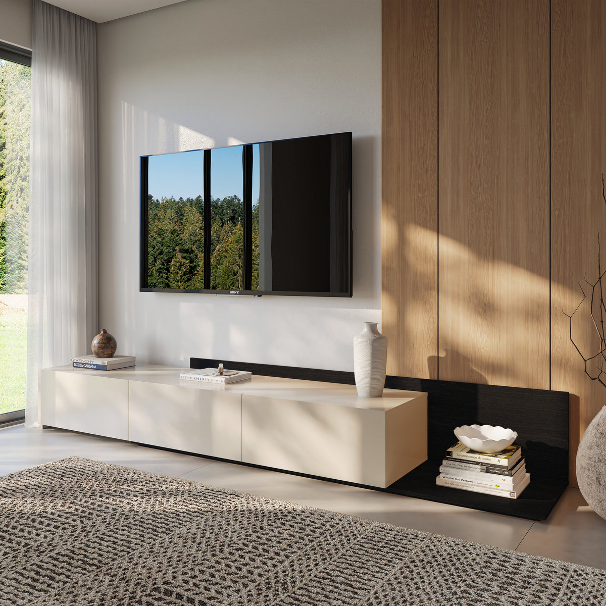 Noa Extendable TV Console in Black Karisma & Morning Dew – lifestyle photo 2