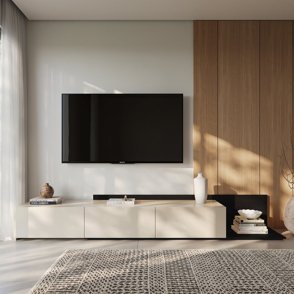 Noa Extendable TV Console in Black Karisma & Morning Dew – lifestyle photo